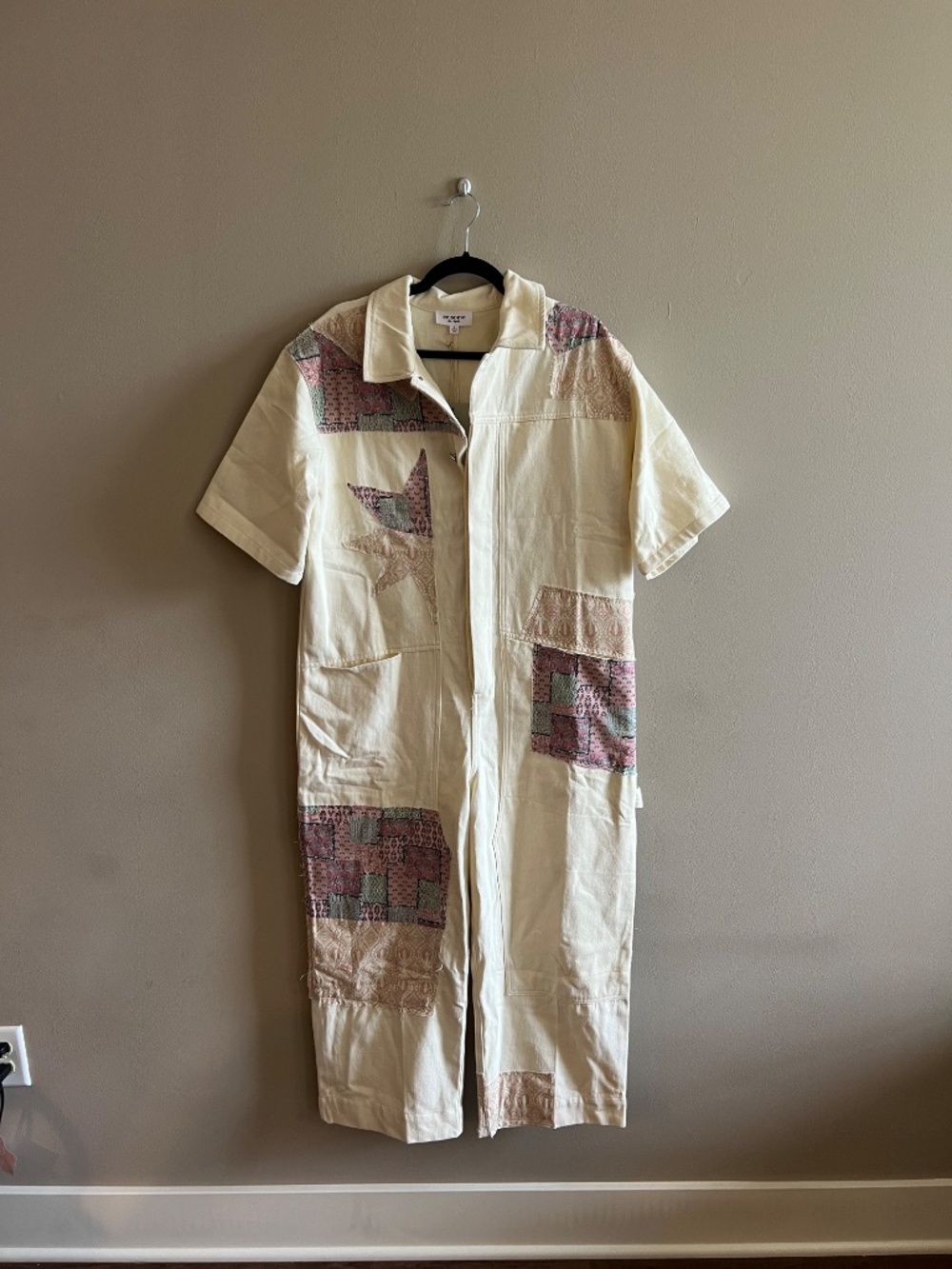 Maddy J Boutique Cream Jumpsuit/Overalls with Quilt style Patchwork - Picture 5 of 12